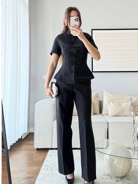 Classic Black Women's Tailored Pants & Short-Sleeve Top Set